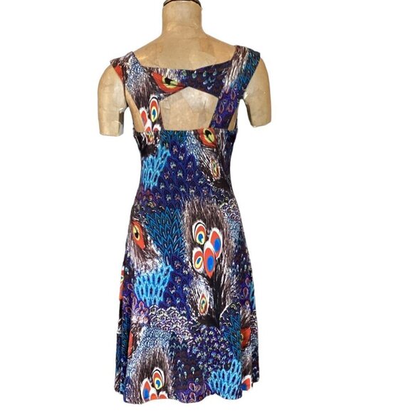 Colorful Novelty Peacock Print Slinky Sleeveless Dress Cutout Back S/M 75S - Picture 5 of 5